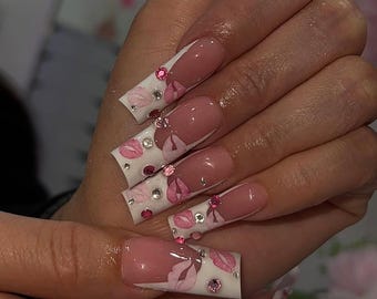 Pink French Press On Nails | Kiss Lip Art Rhinestones | Long Square Handmade Set
