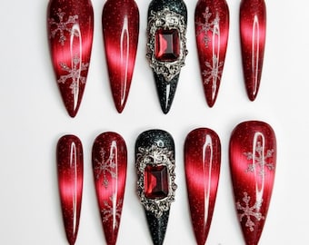 Handmade Angelic Gothic Press On Nails | Long Stiletto Nail Set | Lace and Metallic Art Design