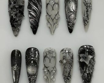 Black Silver Gothic Press On Nails | Chrome Web Art | Long Stiletto Handmade Set