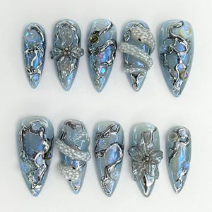 Handmade Silver Snake Press On Nails | Chrome Blue Long Stiletto Nail Set | Metallic Floral Art Design