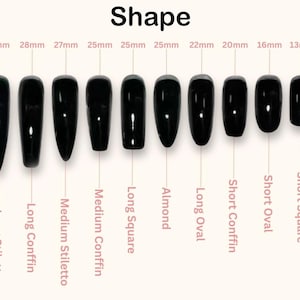 May include: An image showcasing different nail shapes, with black nail samples. The image displays ten nail shapes, including Long Stiletto, Long Coffin, Medium Stiletto, and Short Square, with lengths in millimeters. The word "Shape" is at the top.