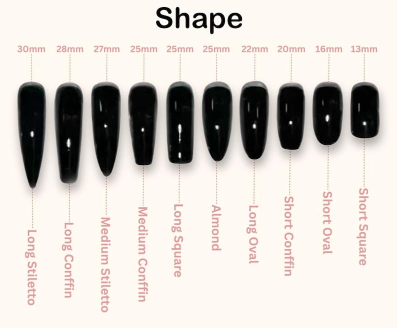 May include: An image showcasing different nail shapes, with black nail samples. The image displays ten nail shapes, including Long Stiletto, Long Coffin, Medium Stiletto, and Short Square, with lengths in millimeters. The word "Shape" is at the top.
