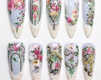 Handmade Angelic Gothic Press On Nails | Long Stiletto Nail Set | Lace and Metallic Art Design