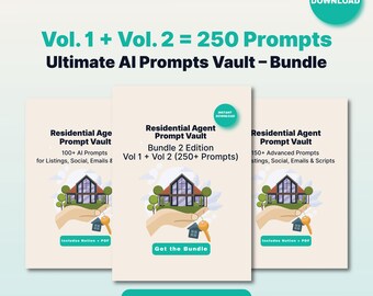 May include: A bundle of three digital guides titled "Residential Agent Prompt Vault." The guides feature illustrations of a house with a key, and text indicating the number of prompts included. The bundle is advertised as containing 250+ prompts, with an instant download option.