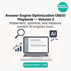 Op de afbeelding: Een digitale afbeelding die een "Answer Engine Optimization (AEO) Playbook - Volume 2" promoot. De afbeelding toont een laptop met gegevensdiagrammen, een vergrootglas en AI-pictogrammen. Tekst omvat "Implementeer, optimaliseer en meet content die AI-engines vertrouwen" en "Inclusief Notion + PDF."