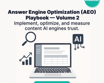 Könnte beinhalten: Eine digitale Grafik, die ein "Answer Engine Optimization (AEO) Playbook - Volume 2" bewirbt. Das Bild zeigt einen Laptop mit Datendiagrammen, einer Lupe und KI-Symbolen. Der Text lautet: "Implementieren, optimieren und messen Sie Inhalte, denen KI-Engines vertrauen." und "Enthält Notion + PDF."