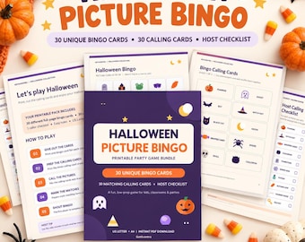 May include: A Halloween Picture Bingo printable party game bundle featuring 30 unique bingo cards, 30 calling cards, and a host checklist. The set includes instruction sheets with orange and purple accents, displaying icons like pumpkins, ghosts, and bats.
