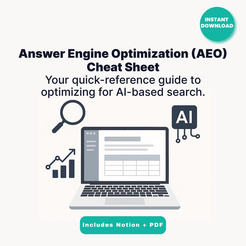K&ouml;nnte beinhalten: Eine digitale Grafik, die ein "Answer Engine Optimization (AEO) Cheat Sheet" bewirbt. Das Bild zeigt einen Laptop mit einer Tabelle, einer Lupe und einem Balkendiagramm. Der Text enth&auml;lt "Ihr Schnellreferenzleitfaden zur Optimierung f&uuml;r KI-basierte Suche" und "Enth&auml;lt Notion + PDF."
