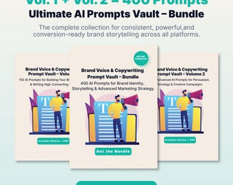May include: A bundle of three digital product covers. The covers are white with text and illustrations. The text reads "Vol. 1 + Vol. 2 = 400 Prompts Ultimate AI Prompts Vault - Bundle". The bundle includes Notion and PDF files.