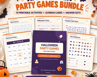 May include: A Halloween party games bundle featuring 10 printable activities, 20 bingo cards, and answer keys. The collection includes word searches, trivia, mazes, and I Spy games with orange, purple, and white graphics of ghosts, pumpkins, and bats.