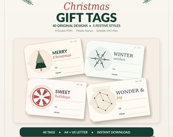 May include: A set of printable Christmas gift tags featuring 40 original designs in 5 festive styles. The tags include graphics of a Christmas tree, snowflake, peppermint candy, and constellation with text like Merry Christmas and Winter wishes.