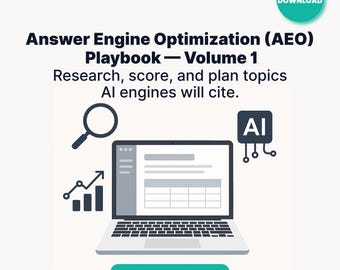 Könnte beinhalten: Eine digitale Grafik, die ein "Answer Engine Optimization (AEO) Playbook - Volume 1" bewirbt. Das Bild zeigt einen Laptop mit einer Tabelle, einer Lupe und einem KI-Symbol. Der Text lautet: "Recherchieren, bewerten und planen Sie Themen, die KI-Engines zitieren werden" und "Enthält Notion + PDF."