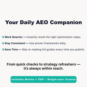 K&ouml;nnte beinhalten: Ein digitales Bild mit dem Titel "Your Daily AEO Companion" in dunkelblauem Text. Das Bild hebt Schl&uuml;sselfunktionen mit Aufz&auml;hlungszeichen hervor: "Work Smarter", "Stay Consistent" und "Save Time". Der Text "From quick checks to strategy refreshers - it's always within reach" ist ebenfalls enthalten.