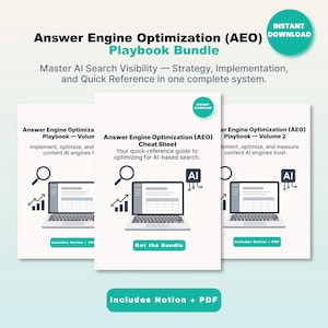 Puede incluir: Un paquete de tres documentos blancos titulados "Answer Engine Optimization (AEO) Playbook Bundle" con el texto "Descarga instant&aacute;nea". Cada documento presenta un gr&aacute;fico de port&aacute;til y el texto "Includes Notion + PDF."