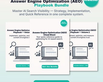 Könnte beinhalten: Ein Bundle aus drei weißen Dokumenten mit dem Titel "Answer Engine Optimization (AEO) Playbook Bundle" mit dem Text "Sofort-Download". Jedes Dokument zeigt eine Laptop-Grafik und den Text "Includes Notion + PDF."