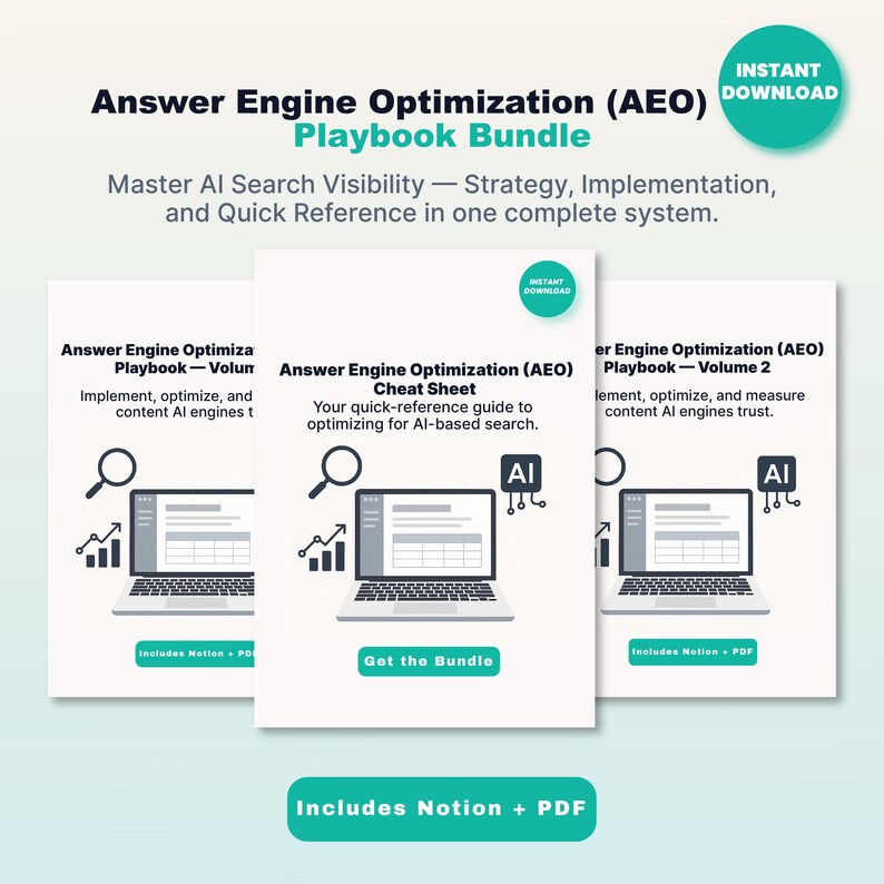 Puede incluir: Un paquete de tres documentos blancos titulados "Answer Engine Optimization (AEO) Playbook Bundle" con el texto "Descarga instant&aacute;nea". Cada documento presenta un gr&aacute;fico de port&aacute;til y el texto "Includes Notion + PDF."