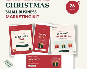 May include: A digital marketing kit for small businesses featuring 26 Christmas-themed graphics. The layout includes social posts, countdown stories, and website banners in red, green, and cream with festive gift box illustrations and text.