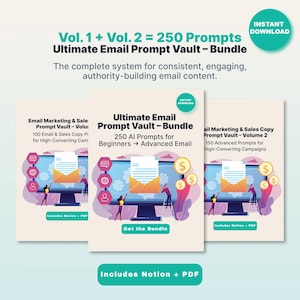 Op de afbeelding: Een bundel van drie digitale productcovers met de tekst "Ultimate Email Prompt Vault - Bundle". De covers tonen illustraties van computers, enveloppen en dollartekens. De bundel bevat 250 prompts voor e-mailmarketing.