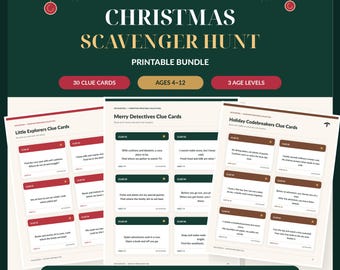 May include: A Christmas scavenger hunt printable bundle featuring 30 clue cards across 3 age levels. The dark green background displays the text A CHRISTMAS ADVENTURE FOR KIDS, CHRISTMAS SCAVENGER HUNT, PRINTABLE BUNDLE, and PRINT HIDE HUNT CELEBRATE.