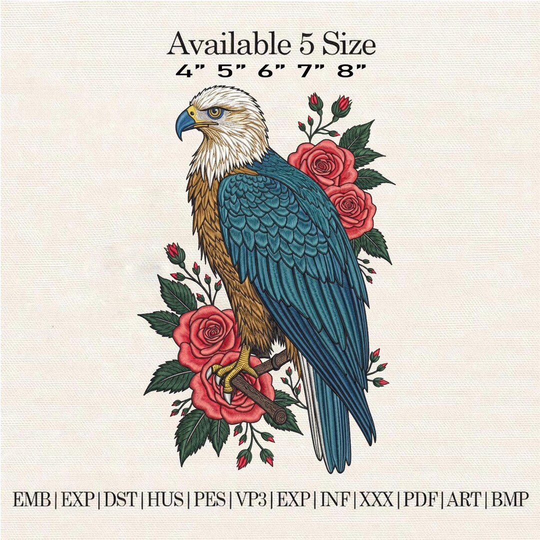 Eagle Roses Embroidery Design, Patriotic Floral Bird Machine Pattern ...