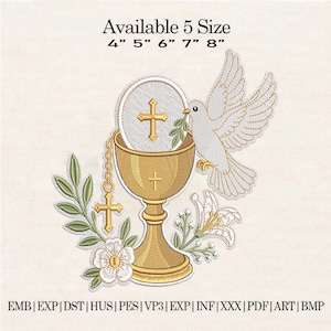 Könnte beinhalten: Gesticktes Design mit Kelch, Kreuz, Taube und Blumen. Das Design enthält den Text "Available 5 Size" mit Größen von 10 bis 20 cm. Das Design ist in Gold, Weiß und Grün gehalten.