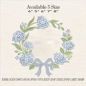 May include: An embroidered floral wreath design featuring light blue hydrangea blooms and green leaves, with a light blue bow at the bottom. The text "Available 5 Size" is at the top, with size options from 4" to 8".