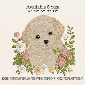 Floral Puppy Embroidery Design, Dog Portrait Machine File (Digital Download)