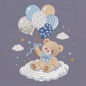May include: An embroidery design on a gray background featuring a light brown teddy bear sitting on a white cloud. The bear holds a cluster of five balloons in shades of blue, tan, and white with star, dot, and stripe patterns, accented by stars.