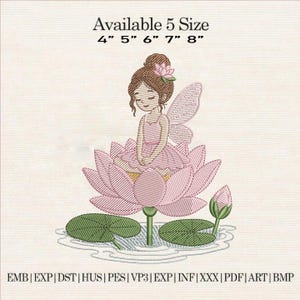 May include: An embroidered design of a fairy sitting on a pink lotus flower, with the text "Available 5 Size" and size measurements in inches. The fairy has brown hair and wears a pink dress. The design includes lily pads and a bud.