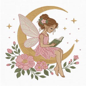 Reading Fairy Embroidery Design, Whimsical Pixie Moon Pattern (Digital Download)