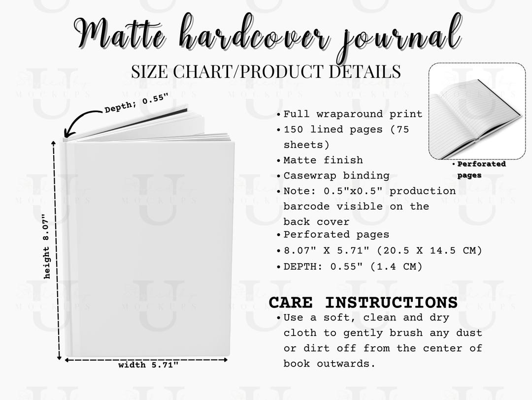 Hardcover Journal Size Chart Mockup: Matte Hardcover Guide (digital ...