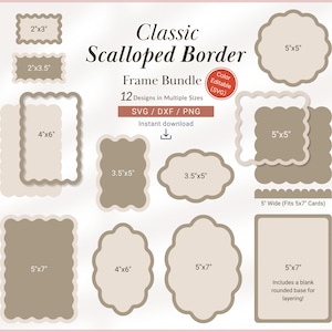 Op de afbeelding: Een verzameling van twaalf klassieke frames met geschulpte randen in verschillende maten, waaronder 5 cm x 7,6 cm, 5 cm x 8,9 cm, 10,2 cm x 15,2 cm, 8,9 cm x 12,7 cm en 12,7 cm x 17,8 cm. De frames zijn in neutrale kleuren en beschikbaar in SVG, DXF en PNG.