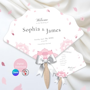 Könnte beinhalten: Weißer Hochzeitsfächer mit rosa floralen Akzenten und den Namen "Sophia & James". Der Fächer enthält Datum, Uhrzeit und Ort der Hochzeit. Ein kleinerer Fächer mit Zeremoniedetails ist ebenfalls vorhanden. Digitaler Download verfügbar.