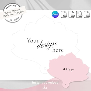 Könnte beinhalten: Eine druckbare leere Fächervorlage mit einem Kirschblüten-Design. Die Vorlage hat das US-Letter-Format und enthält den Text "Your design here". Eine rosa Fächerform wird mit den Maßen 20,8 cm x 17,8 cm angezeigt. Enthält SVG-, DXF-, PNG- und PDF-Dateitypen.