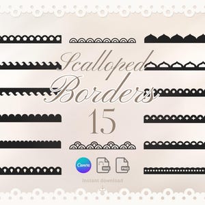 Könnte beinhalten: Eine Sammlung von 15 schwarzen, wellenförmigen Bordüren in verschiedenen Designs. Der Text "Scalloped Borders 15" wird in einer eleganten Schriftart angezeigt. Enthält Canva-, SVG- und PNG-Dateisymbole.