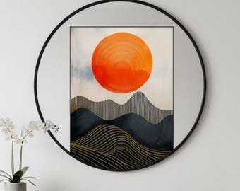 Golden Sunrise Abstract | Mid-Century Modern Sunset Over Mountains Art Print