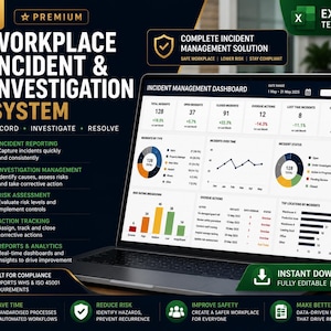 Op de afbeelding: Een digitaal Excel-sjabloon voor een systeem voor incidentbeheer en onderzoek op de werkplek, weergegeven op een laptopscherm. Het dashboard bevat datavisualisaties, waaronder cirkeldiagrammen, lijngrafieken en staafdiagrammen.