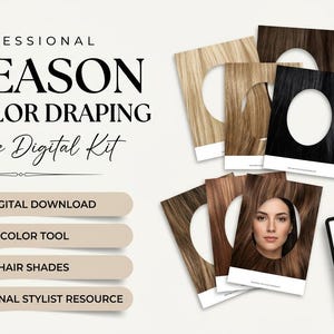 Peut inclure: Un kit numérique imprimable de drapage de couleur de cheveux 12 saisons comprenant des cartes avec diverses nuances de cheveux et des découpes pour le visage, avec un ordinateur portable et une tablette affichant des nuanciers. Texte : PROFESSIONAL 12-SEASON HAIR COLOR DRAPING.