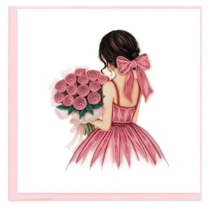 May include: Illustration of a woman from the back, holding a bouquet of pink roses. She wears a pink dress and has a large bow in her hair. The artwork is set against a white background, framed by a pink border, creating a soft, feminine aesthetic.