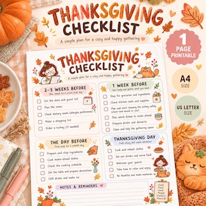 Thanksgiving Checklist Printable, Holiday Dinner Prep To Do List, Cute Fall Hosting Planner PDF, A4 US Letter