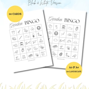 Może przedstawiać: Dwie czarno-białe karty Garden Bingo z ilustracjami o tematyce ogrodowej, w tym konewką i ślimakiem. Karty są oznaczone jako "Garden Bingo" i "Black & White Version". Widoczny jest również tekst "30 CARDS" i "A5 & A4 A4 LANDSCAPE".