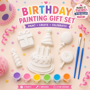 May include: A birthday painting gift set with the text "BIRTHDAY PAINTING GIFT SET". The set includes six paint pots, two brushes, and six fun designs, including a gift, party hat, balloon, candle, cake, and lollipop.