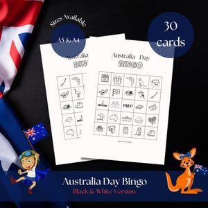 May include: Two white sheets of Australia Day Bingo cards with black and white illustrations. Text on the cards reads "Australia Day Bingo" and "Black & White Version". The cards are available in A5 & A4 sizes, with 30 cards.