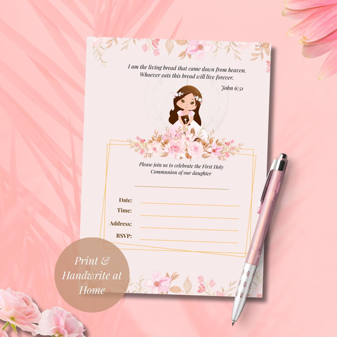 Floral Holy Communion Invitation for Girl | Blush Pink Fill-in Template ...