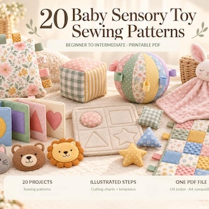 Könnte beinhalten: Eine Sammlung von 20 Schnittmustern für sensorisches Babyspielzeug, darunter ein florales Taggie-Kissen, ein Stoffwürfel, ein mehrfarbiger Ball, ein Hasen-Schmusetuch, ein Stoffbuch, Formensortier-Matten und Plüsch-Tiergesichter als PDF.