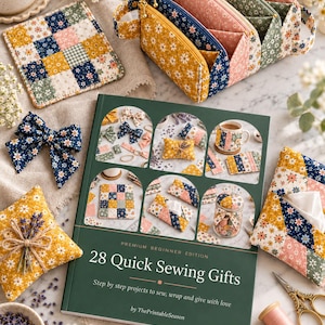 May include: A book titled 28 Quick Sewing Gifts with a dark green cover, surrounded by floral fabric pouches, a patchwork coaster, a fabric bow, a lavender sachet, a tissue holder, sewing scissors, and two spools of thread.