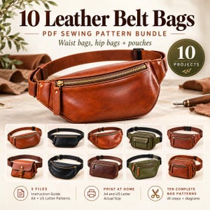 Leather Belt Bag Pattern Bundle, 10 Waist Pack Sewing Patterns, A4 US Letter Download