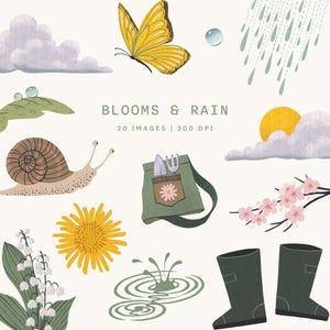 Peut inclure: Illustration numérique avec des éléments de printemps et de pluie. Comprend un papillon jaune, un escargot, de la pluie, du soleil, des nuages, des fleurs, un tablier de jardinage, des bottes en caoutchouc et le texte "Blooms & Rain".