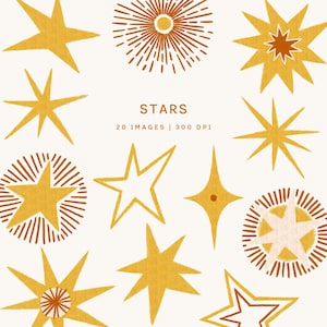 Op de afbeelding: Een digitale collectie van 20 sterillustraties in diverse tinten geel en oranje. De afbeelding bevat verschillende stervormen, waaronder zonnestralen, vierpuntige sterren en omlijnde sterren. De tekst luidt STARS 20 IMAGES | 300 DPI.