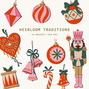 Retro Pink and Red Christmas Ornament Clipart - 19 Vintage Heirloom Baubles